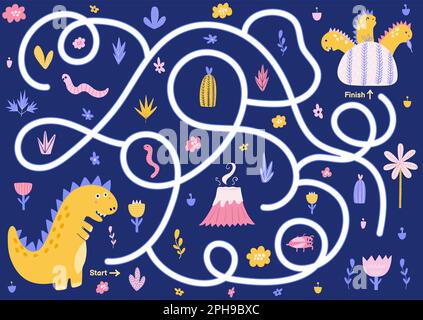 Maze puzzle for kids. Help mommy dinosaur find way to her baby dinos. Activity page Stock Vector