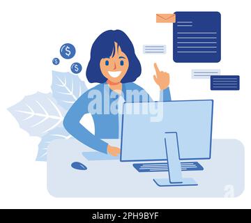 Accountant employee at work. Financial manager at computer desk. Businesswoman, office worker with finance and accounting documents, mail, flat vector Stock Vector