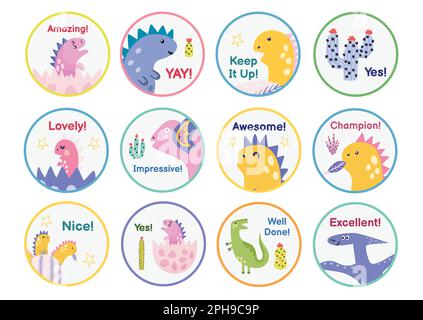 Reward stickers collection with cute dinosaurs. Teachers award badges with funny dinos Stock Vector