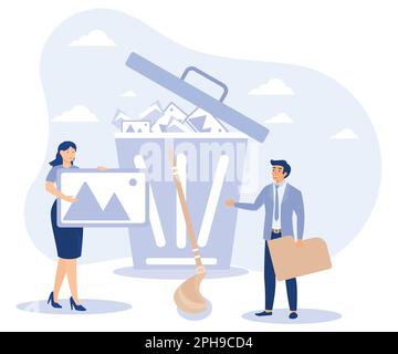 Delete concept. Tiny people deleting data. Flat vector modern illustration. Stock Vector