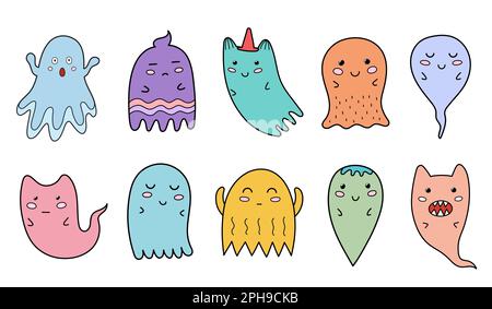 Cute ghosts collection. Scary characters clipart in cartoon style Stock Vector