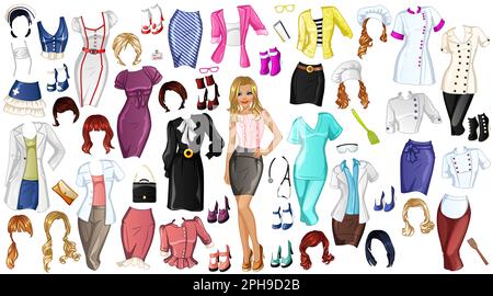Cute Cartoon Career Paper Doll with Outfits, Hairstyles and Accessories. Vector Illustration Stock Vector