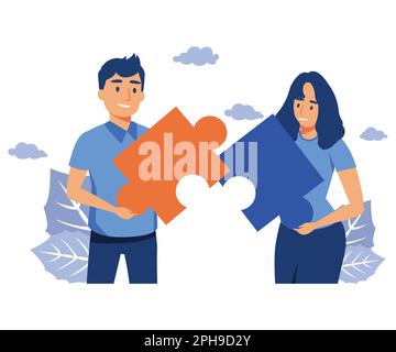 teamwork puzzles in hands of business team, jigsaw puzzles are great element of team work search for ideas, flat vector modern illustration Stock Vector