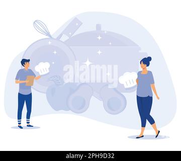 Cooking school - text on kitchen frying pan. Culinary master class online. Tiny chef in hat with kitchen tools and foods, flat vector modern illustrat Stock Vector