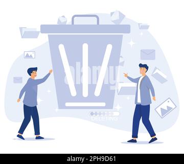 Delete concept. Tiny people deleting data. Flat vector modern illustration. Stock Vector