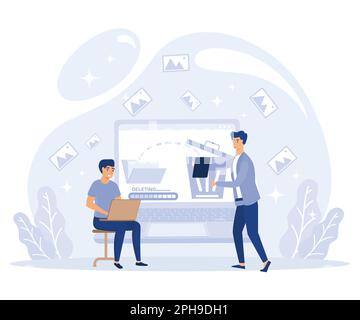 Delete concept. Tiny people deleting data. Flat vector modern illustration. Stock Vector