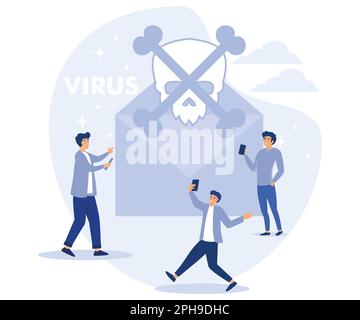 Computer virus concept. Scam alert. Spam, malicious application. Envelope with skull. Flat vector modern illustration. Stock Vector