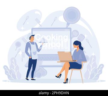 Cooking school - text on kitchen frying pan. Culinary master class online. Tiny chef in hat with kitchen tools and foods, flat vector modern illustrat Stock Vector
