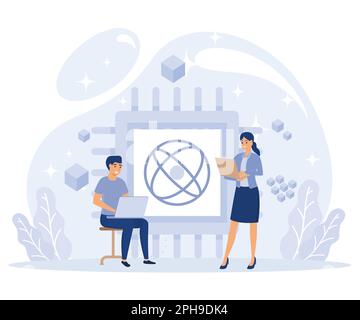 Quantum computing concept. Optical technology, photonics research. Tiny people engineers and scientists working with quantum computer chip, flat vecto Stock Vector