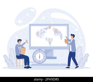 Geography concept. World map. Globalisation. Tiny people study atlas Earth. flat vector modern illustration Stock Vector