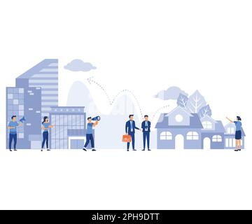 real estate business concept with houses, real estate market growth, exchange of living space, presentation of a house, flat vector modern illustratio Stock Vector