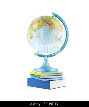 Plastic model globe of Earth and books on white background. Geography lesson Stock Photo