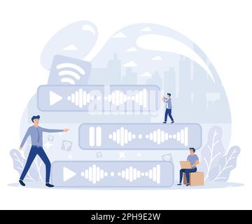 Voice messages concept. Tiny people use microphone to record message. Flat vector modern illustration. Stock Vector
