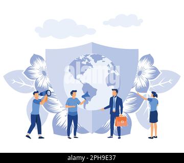 planet earth protected, people save the planet, the concept of the Earth day, flat vector modern illustration Stock Vector