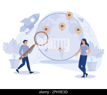 Geography concept. World map. Globalisation. Tiny people study atlas Earth. flat vector modern illustration Stock Vector