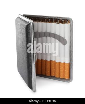 Stylish case with cigarettes isolated on white Stock Photo