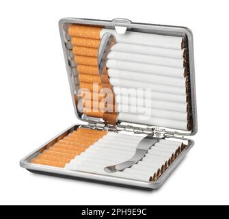 Stylish case with cigarettes isolated on white Stock Photo