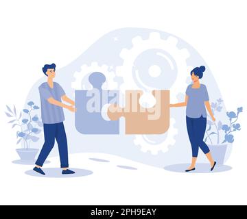 Teamwork concept. People connecting puzzle elements. Flat vector modern illustration. Stock Vector