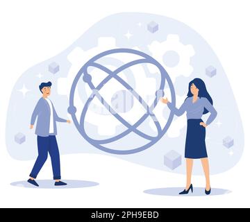 Quantum computing concept. Optical technology, photonics research. Tiny people engineers and scientists working with quantum computer chip, flat vecto Stock Vector