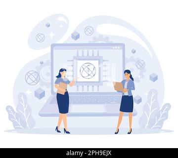Quantum computing concept. Optical technology, photonics research. Tiny people engineers and scientists working with quantum computer chip, flat vecto Stock Vector