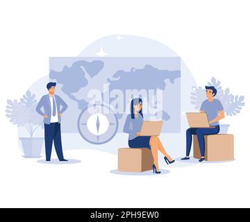 Geography concept. World map. Globalisation. Tiny people study atlas Earth. flat vector modern illustration Stock Vector