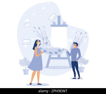 Artist. Art school or studio. Tiny people artists with canvas on easel, big pallete and brushes. Art workshop. Artist create picture, flat vector mode Stock Vector