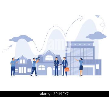 Real estate business concept with houses, rising real estate market, increasing the value of houses and square meters , flat vector modern illustratio Stock Vector