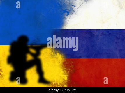 Silhouette of soldier on wall painted in Ukrainian and Russian flags colors, space for text. Military service during war Stock Photo