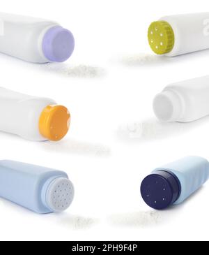 Set of overturned baby powder bottles on white background Stock Photo