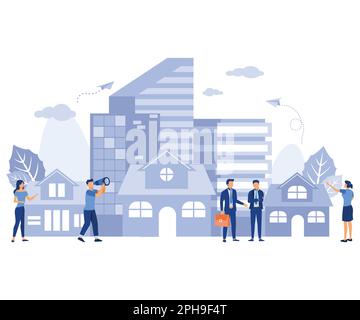 real estate business concept with houses, real estate market growth, exchange of living space, presentation of a house, house for an apartment, flat v Stock Vector