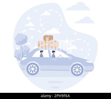 Time to travel. Tourism. Trip to world. Road trip. Tour. Tiny people planning vacation. Suitcase, world map and tourism set, flat vector modern illust Stock Vector