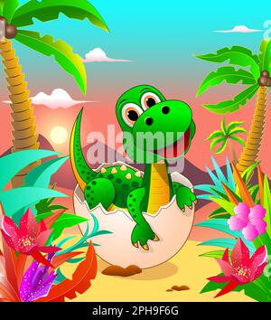 .A cartoon little dinosaur of green color sits in an egg in the background of the jungle. The birth of a dinosaur, various plants, and the sun shining Stock Vector