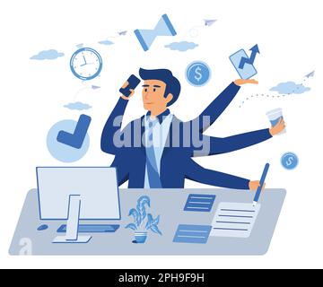 Multitasking work, productive master man many hands productive doing her job, workaholic workplace stress management, flat vector modern illustration Stock Vector