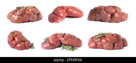 Set with fresh raw kidneys on white background. Banner design Stock Photo