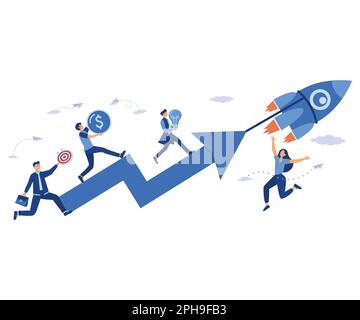 entrepreneurship teamwork on start up project startup. people run rocket ,investments ,ideas new project launch, flat vector modern illustration Stock Vector