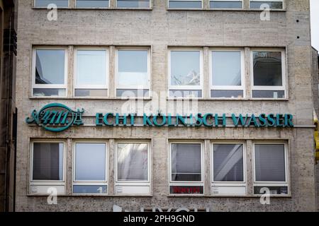 Picture of a sign with the logo of 4711 Eau de Cologne (Echt Kolnisch wasser) on their store in Cologne, Germany. 4711 is a traditional German Eau de Stock Photo