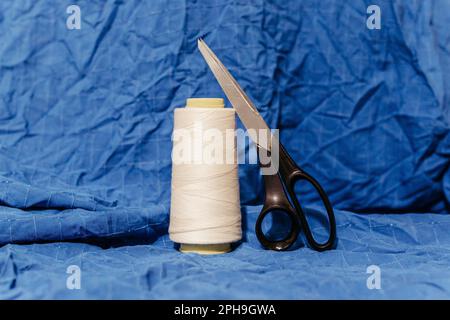 A pair of scissors and a spool of thread, isolated on a blue background Stock Photo