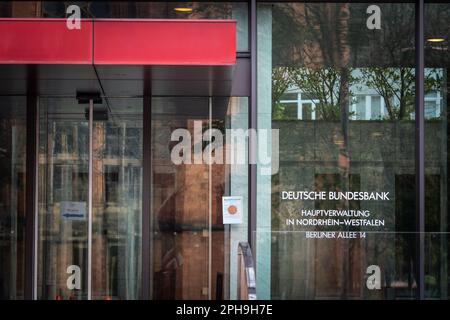 Picture of the main entrance of the headquarters of the central bank of Germany, the German federal bank, also known as Deutsche Bundesbank. The Deuts Stock Photo