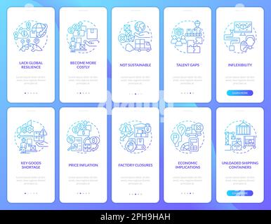 Supply chain issues maintain blue gradient onboarding mobile app screens set Stock Vector
