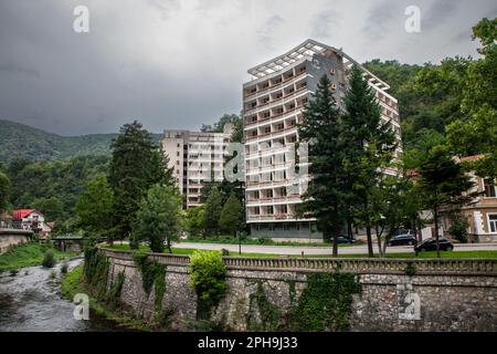 Picture of an abandoned hotel in baile Herculane. it's a socialist architecture resort in the city of baile herculane. Băile Herculane is a spa town i Stock Photo