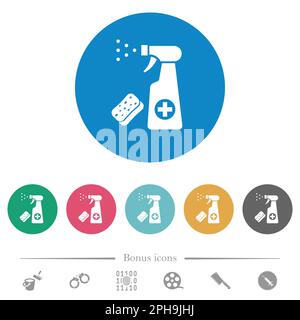 Disinfection spray and sponge flat white icons on round color backgrounds. 6 bonus icons included. Stock Vector