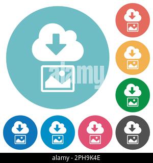 Download image from cloud solid flat white icons on round color backgrounds Stock Vector