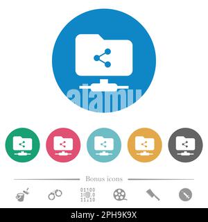 FTP share flat white icons on round color backgrounds. 6 bonus icons included. Stock Vector