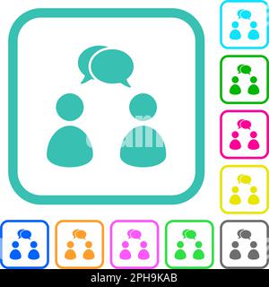Two talking persons with oval bubbles solid vivid colored flat icons in curved borders on white background Stock Vector