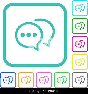 Two oval active chat bubbles outline vivid colored flat icons in curved borders on white background Stock Vector