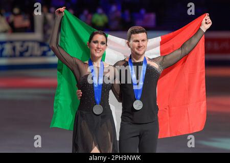 SAITAMA, JAPAN - MARCH 25: Italy's Charlene Guignard and Marco Fabbri in the Ice Dance medal ceremony during the ISU World Figure Skating Championships 2023 at Saitama Super Arena on March 25, 2023 in Saitama, Japan (Photo by Pablo Morano/BSR Agency) Stock Photo