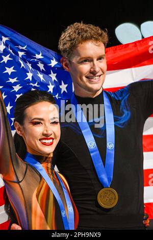 SAITAMA, JAPAN - MARCH 25: Madison Chock and Evan Bates of the United States reacts in the Ice Dance medal ceremony during the ISU World Figure Skating Championships 2023 at Saitama Super Arena on March 25, 2023 in Saitama, Japan (Photo by Pablo Morano/BSR Agency) Stock Photo