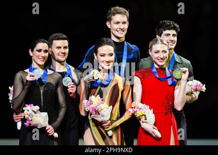 SAITAMA, JAPAN - MARCH 25: Silver medallists Italy's Charlene Guignard and Marco Fabbri, gold medallists USA's Madison Chock and Evan Bates and bronze medallists Canada's Piper Gilles and Paul Poirier pose in the Ice Dance medal ceremony during the ISU World Figure Skating Championships 2023 at Saitama Super Arena on March 25, 2023 in Saitama, Japan (Photo by Pablo Morano/BSR Agency) Stock Photo