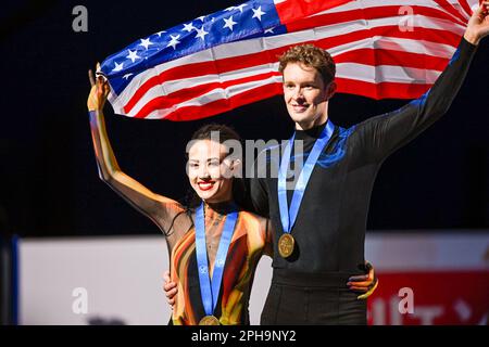 SAITAMA, JAPAN - MARCH 25: Madison Chock and Evan Bates of the United States reacts in the Ice Dance medal ceremony during the ISU World Figure Skating Championships 2023 at Saitama Super Arena on March 25, 2023 in Saitama, Japan (Photo by Pablo Morano/BSR Agency) Stock Photo