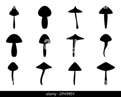 Black mushrooms set isolated on white background. Mushroom silhouettes. Design of mushroom for posters, banners and promotional items. Vector illustra Stock Vector